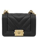 シャネル CHANEL ミニ ボーイシャネル ブラック ラムスキン ショルダーバッグ ゴールド金具 シェブロン Vステッチ