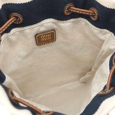 ミュウミュウ MIU MIU ドローストリング ポーチ 5ND016 ネイビー×ナチュラル キャンバス レザー ハンドバッグ ゴールド金具 ストライプ ハンドバッグ