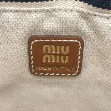 ミュウミュウ MIU MIU ドローストリング ポーチ 5ND016 ネイビー×ナチュラル キャンバス レザー ハンドバッグ ゴールド金具 ストライプ ハンドバッグ