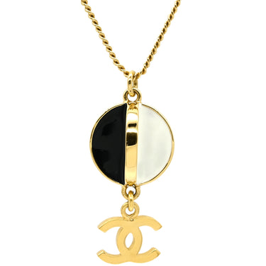 シャネル CHANEL ラインストーン ココマーク ホワイト×ブラック×ゴールド GP ラインストーン ラッカー ネックレス CCマーク 黒 白 スウィング