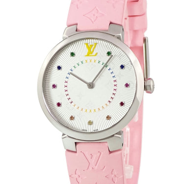 腕時計 ルイヴィトン LOUIS VUITTON タンブール スリム MM レインボー QA159 クオーツ レディース OH済 モノグラム ギョーシェ カラフル