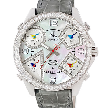 腕時計 ジェイコブ JACOB&CO 5タイムゾーン 47mm クオーツ メンズ 純正ダイヤ ホワイト シェル GMT デイト アラビア