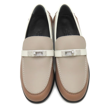 エルメス HERMES デスタン H212114Z ベージュ×ブラウン カーフ #35 1/2 ローファー シルバー金具 ケリーバックル トリコロール