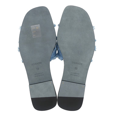 エルメス HERMES オラン H261202Z ブルークレール デニム レザー #38 サンダル 新品 未使用 フリンジ H型 フラットサンダル