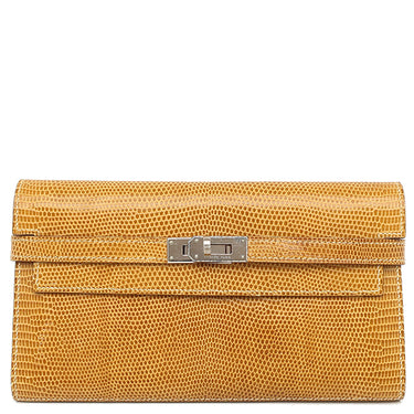エルメス HERMES ケリーウォレット ロング イエロー系 リザード 長財布 シルバー金具