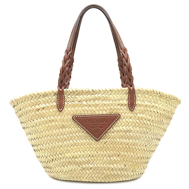 プラダ PRADA ウーブンパーム レザー 1BG314 ナチュラル×コニャック ストロー レザー トートバッグ かごバッグ カゴバッグ 三角ロゴ