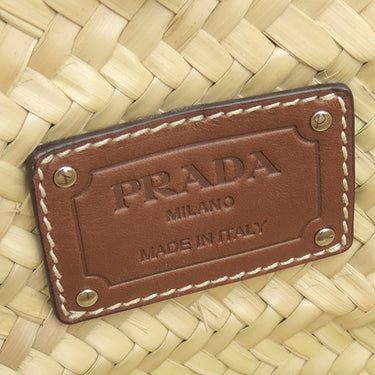 プラダ PRADA ウーブンパーム レザー 1BG314 ナチュラル×コニャック ストロー レザー トートバッグ かごバッグ カゴバッグ 三角ロゴ