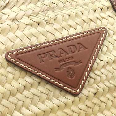 プラダ PRADA ウーブンパーム レザー 1BG314 ナチュラル×コニャック ストロー レザー トートバッグ かごバッグ カゴバッグ 三角ロゴ