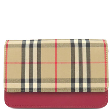 バーバリー BURBERRY ノバチェック チェーンショルダー ベージュ×レッド キャンバス レザー ショルダーバッグ ゴールド金具