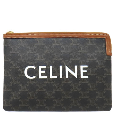 セリーヌ CELINE トリオンフ スモール ポーチ タン カーフ トリオンフキャンバス クラッチバッグ ゴールド金具 茶 Wフラップ ショルダー クラッチ