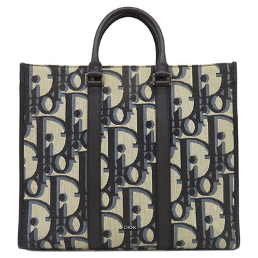 クリスチャン・ディオール Christian Dior イーストウエスト トート ベージュ×ブラック キャンバス レザー 2WAYバッグ ガンメタル金具 マキシ ディオール オブリーク