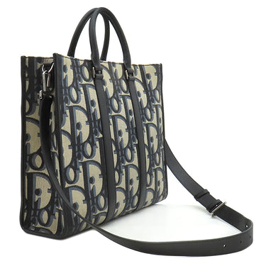 クリスチャン・ディオール Christian Dior イーストウエスト トート ベージュ×ブラック キャンバス レザー 2WAYバッグ ガンメタル金具 マキシ ディオール オブリーク