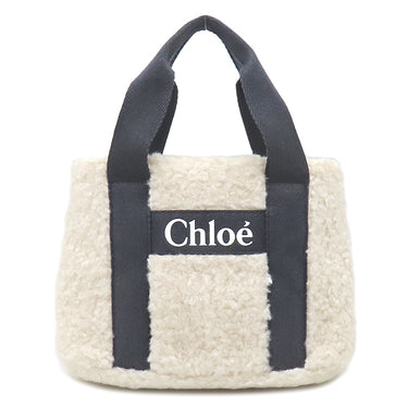 クロエ Chloe ボア ミニ トートバッグ C10323 オフホワイト×ネイビー ポリエステル コットン レザー 2WAYバッグ シルバー金具 ハンドバッグ ショルダー キッズ