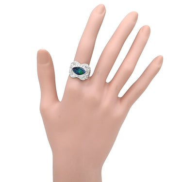 ノンブランド NON BRAND ボルダーオパール ダイヤ マルチカラー×ホワイトゴールド K18WG オパール ダイヤモンド リング 指輪 1石 1粒 遊色 デザインリング 14号