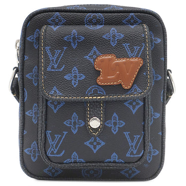 ルイヴィトン LOUIS VUITTON クリストファー ウエアラブル ウォレット M81854 ブラック×ブルー レザー モノグラムレコードキャンバス ショルダーバッグ シルバー金具 黒 青