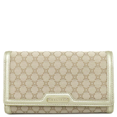 セリーヌ CELINE マカダム ロングウォレット ベージュ×ゴールド キャンバス レザー チェーンウォレット ゴールド金具 長財布