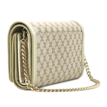 セリーヌ CELINE マカダム ロングウォレット ベージュ×ゴールド キャンバス レザー チェーンウォレット ゴールド金具 長財布