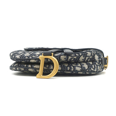 クリスチャン・ディオール Christian Dior トロッター サドルバッグ スモール ネイビー キャンバス レザー オブリークジャカード ハンドバッグ ゴールド金具 紺 総柄