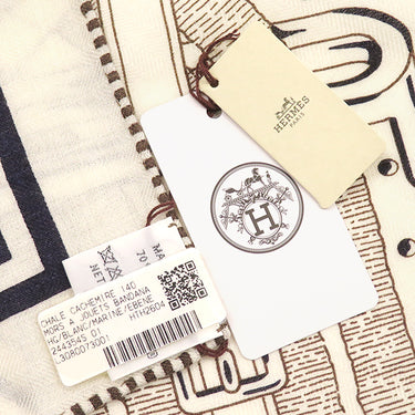 エルメス HERMES カレ140 カレジェアン ホワイト×ブルーマリン×エベンヌ カシミヤ シルク ストール 新品 未使用 【馬銜 バンダナ】