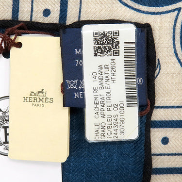 エルメス HERMES カレ140 カレジェアン H244394S ブルーペトロール×ナチュラル×ブラック カシミヤ シルク ストール 新品 未使用 【グランアパラ バンダナ】