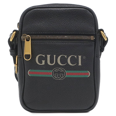 グッチ GUCCI ロゴ プリント ショルダー 574803 ブラック レザー ショルダーバッグ ヴィンテージ金具 黒 シェリーライン