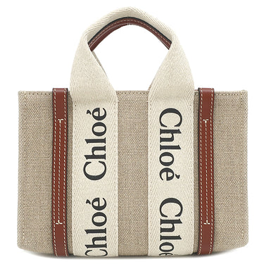 クロエ Chloe リネン製 Woody ミニトートバッグ CHC22AP237I2690U ホワイト×ブラウン リネン リネンキャンバス シャイニーカーフスキン 2WAYバッグ ハンドバッグ ショルダー