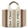 クロエ Chloe リネン製 Woody ミニトートバッグ CHC22AP237I2690U ホワイト×ブラウン リネン リネンキャンバス シャイニーカーフスキン 2WAYバッグ ハンドバッグ ショルダー