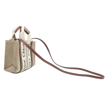 クロエ Chloe リネン製 Woody ミニトートバッグ CHC22AP237I2690U ホワイト×ブラウン リネン リネンキャンバス シャイニーカーフスキン 2WAYバッグ ハンドバッグ ショルダー