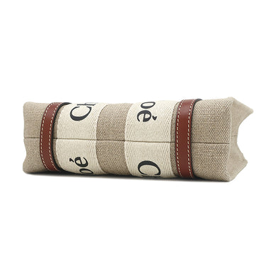 クロエ Chloe リネン製 Woody ミニトートバッグ CHC22AP237I2690U ホワイト×ブラウン リネン リネンキャンバス シャイニーカーフスキン 2WAYバッグ ハンドバッグ ショルダー