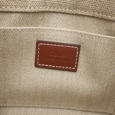 クロエ Chloe リネン製 Woody ミニトートバッグ CHC22AP237I2690U ホワイト×ブラウン リネン リネンキャンバス シャイニーカーフスキン 2WAYバッグ ハンドバッグ ショルダー