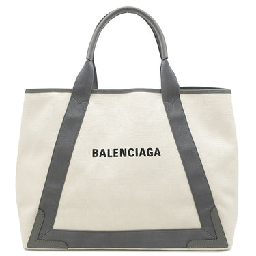 バレンシアガ BALENCIAGA ネイビーカバス M 339936 ナチュラル×グレー キャンバス レザー トートバッグ シルバー金具 白 ロゴ トート Navy カバ
