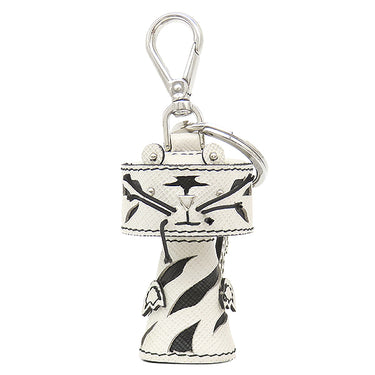 プラダ PRADA ホワイトタイガー キーホルダー 1TL004 ホワイト×ブラック レザー キーホルダー シルバー金具 白 黒 トラ アニマル チャーム