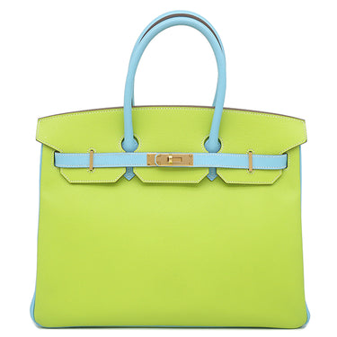 エルメス HERMES バーキン35 キウイ×セレステ ヴォーエプソン ハンドバッグ ゴールド金具 緑 水色 【PO品】
