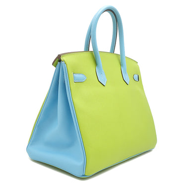 エルメス HERMES バーキン35 キウイ×セレステ ヴォーエプソン ハンドバッグ ゴールド金具 緑 水色 【PO品】