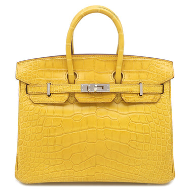 エルメス HERMES バーキン25 ジョーヌアンブル アリゲーターマット ハンドバッグ シルバー金具 黄色 クロコ