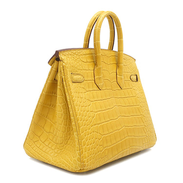 エルメス HERMES バーキン25 ジョーヌアンブル アリゲーターマット ハンドバッグ シルバー金具 黄色 クロコ