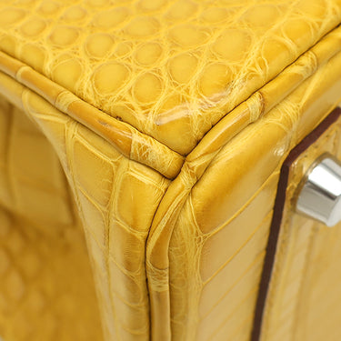 エルメス HERMES バーキン25 ジョーヌアンブル アリゲーターマット ハンドバッグ シルバー金具 黄色 クロコ