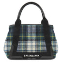 バレンシアガ BALENCIAGA ネイビーカバス S 339933 グリーン×ネイビー×ホワイト ウール レザー トートバッグ シルバー金具 チェック柄 ロゴ トート Navy カバ