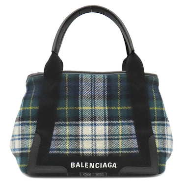 バレンシアガ BALENCIAGA ネイビーカバス S 339933 グリーン×ネイビー×ホワイト ウール レザー トートバッグ シルバー金具 チェック柄 ロゴ トート Navy カバ
