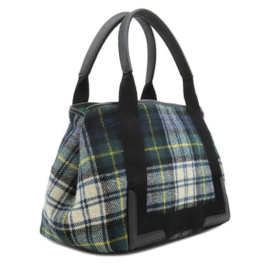 バレンシアガ BALENCIAGA ネイビーカバス S 339933 グリーン×ネイビー×ホワイト ウール レザー トートバッグ シルバー金具 チェック柄 ロゴ トート Navy カバ