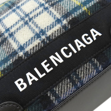 バレンシアガ BALENCIAGA ネイビーカバス S 339933 グリーン×ネイビー×ホワイト ウール レザー トートバッグ シルバー金具 チェック柄 ロゴ トート Navy カバ
