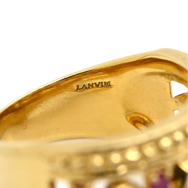 ランバン LANVIN 透かしデザイン ピンク×イエローゴールド K18YG 色石 リング 指輪 LANVIN イエローゴールド Au750 18K 18金 赤色石 8石 8粒 幅広 11.5号
