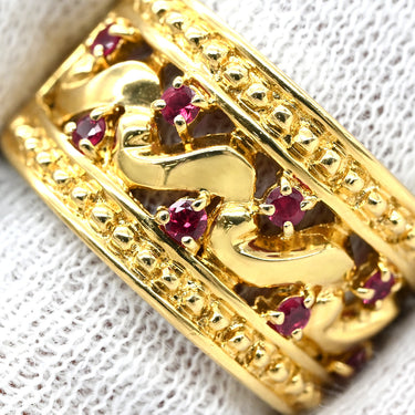 ランバン LANVIN 透かしデザイン ピンク×イエローゴールド K18YG 色石 リング 指輪 LANVIN イエローゴールド Au750 18K 18金 赤色石 8石 8粒 幅広 11.5号