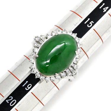 ノンブランド NON BRAND ヒスイ 7.72ct ダイヤモンド グリーン×プラチナシルバー Pt850 ヒスイ ダイヤモンド リング 指輪 緑 グリーン 翡翠 ひすい 1石 1粒 ジェイダイト オーバルカボション 17号
