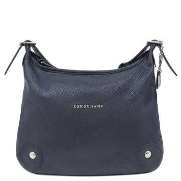 ロンシャン LONGCHAMP メタルロゴ ネイビー レザー ショルダーバッグ シルバー金具 紺