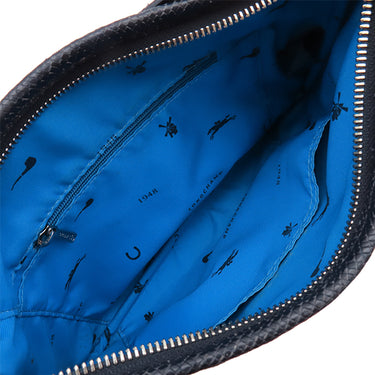 ロンシャン LONGCHAMP メタルロゴ ネイビー レザー ショルダーバッグ シルバー金具 紺