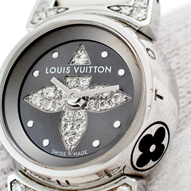 腕時計 ルイヴィトン LOUIS VUITTON タンブール ビジュ ノワール Q151K1 クオーツ レディース 純正ダイヤ グレー モノグラム フラワー