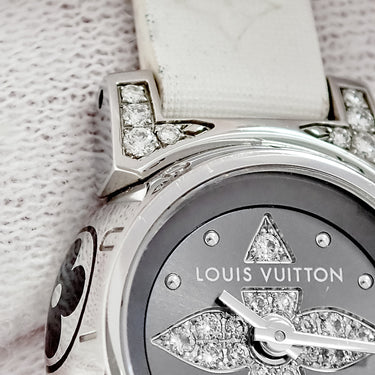 腕時計 ルイヴィトン LOUIS VUITTON タンブール ビジュ ノワール Q151K1 クオーツ レディース 純正ダイヤ グレー モノグラム フラワー