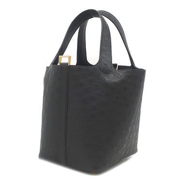 エルメス HERMES ピコタンロック PM ブラック オーストリッチ ハンドバッグ ゴールド金具 黒