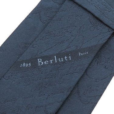 ベルルッティ BERLUTI スクリットパターン タイ 8cm ネイビー シルク ネクタイ 紺 カリグラフィ 総柄 刺繍